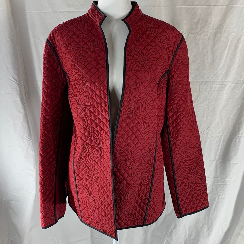 Chico's Quilted Jacket Red With Black Piping 2 Gem